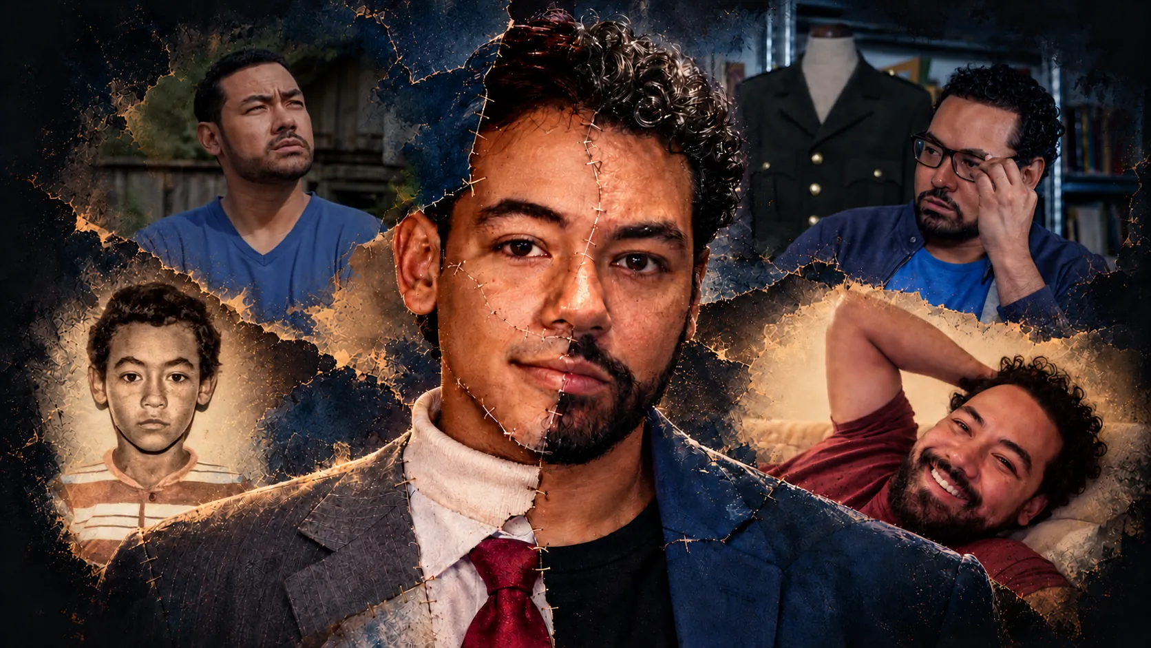 Illustrated collage of César Vargas at different ages, with a stitched central portrait.