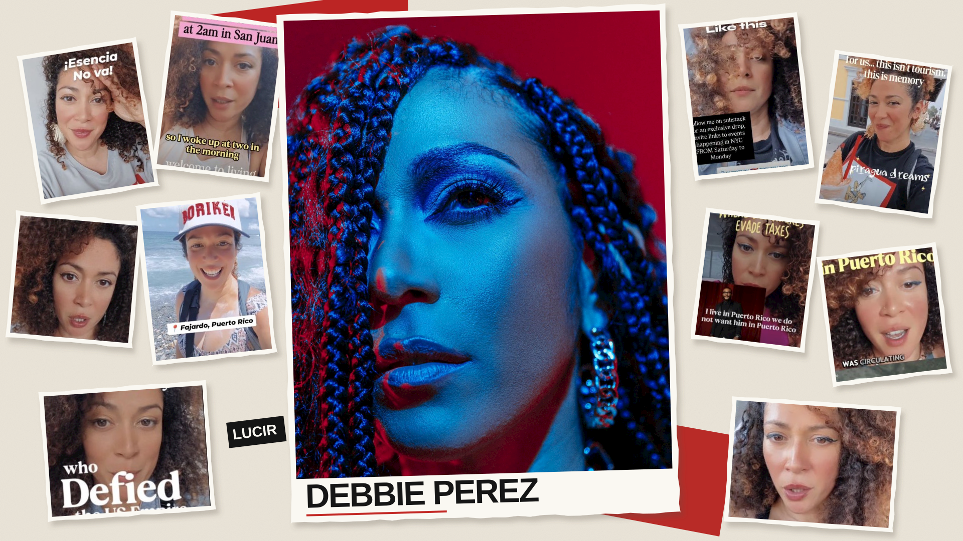 A magazine-style collage with Debbie Perez’s close-up portrait in the center and ten Borikén Podcast video thumbnails arranged around it.