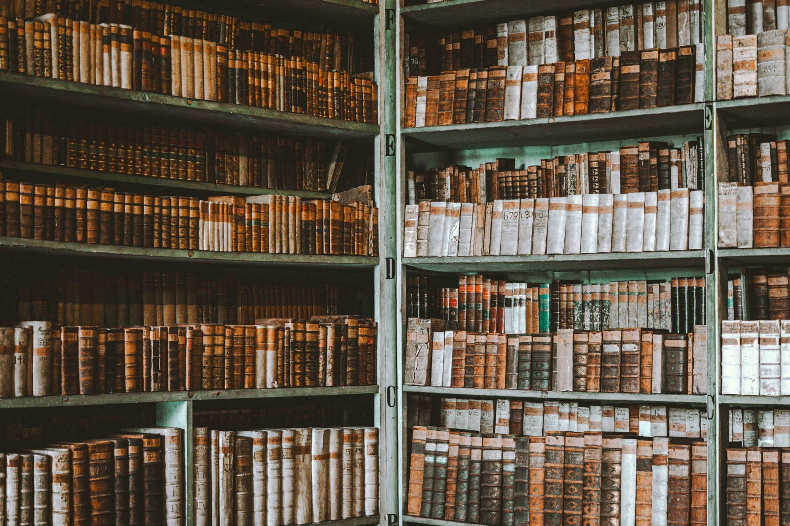 Rows of old books and labeled bound volumes fill library shelves.