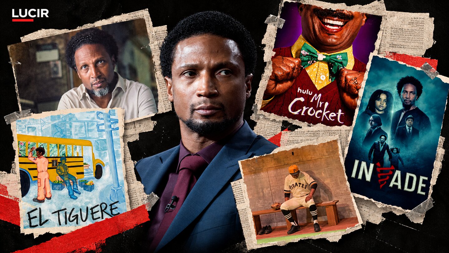 LUCIR photo illustration of Elvis Nolasco in a blue suit, centered among images from Task, Mr. Crocket, InVade, El Tiguere and A Diamond Within.