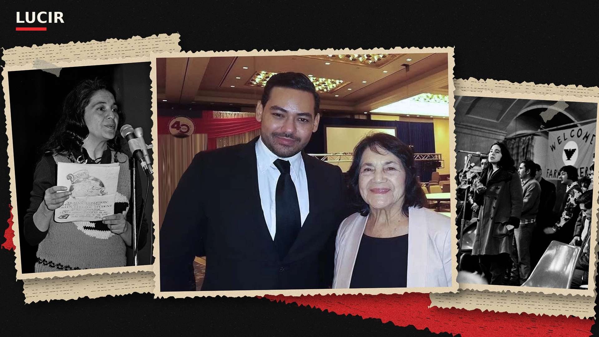 Dolores Huerta and César Vargas torn-paper editorial collage