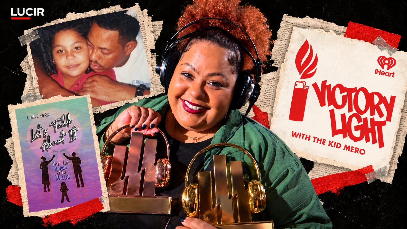 Editorial collage of Lizbel Ortiz, her father, and her creative work