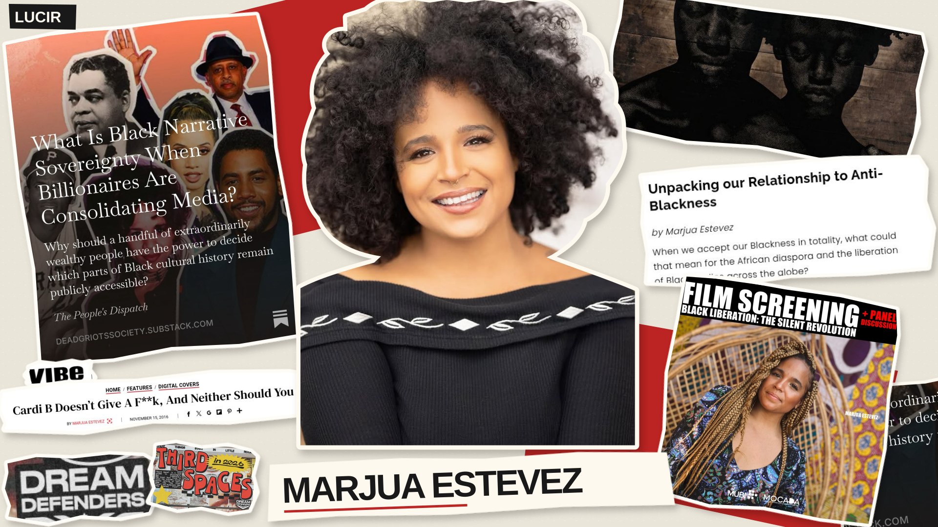 Editorial collage of Marjua Estevez surrounded by clippings from her cultural reporting and movement work.