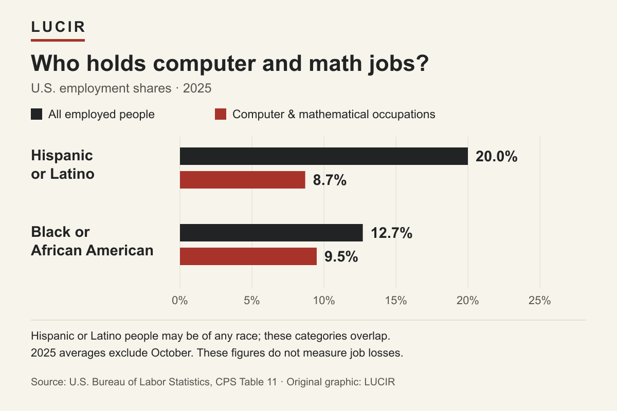 U.S. 2025 employment shares: Hispanic or Latino workers, 20% of all employed people versus 8.7% in computer and mathematical occupations; Black workers, 12.7% versus 9.5%. Categories overlap; figures exclude October and do not measure job losses.