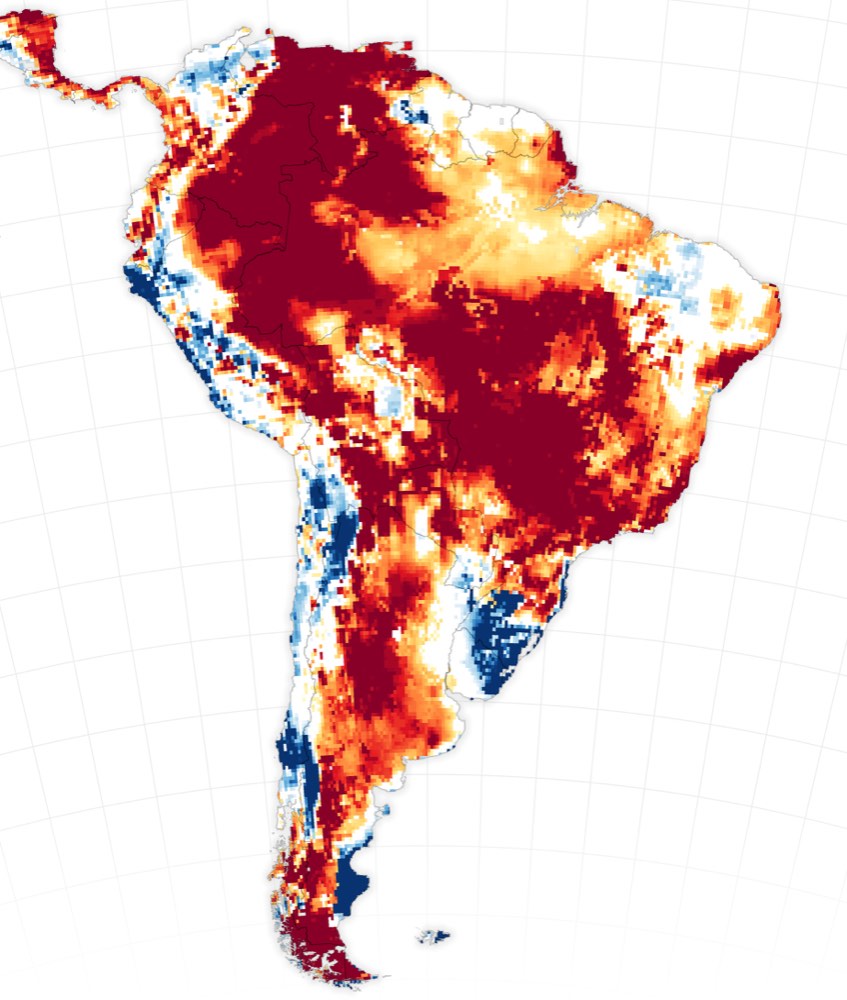 Historical shallow-groundwater drought map of South America, October 2024; not the new 2026 study’s measurements.