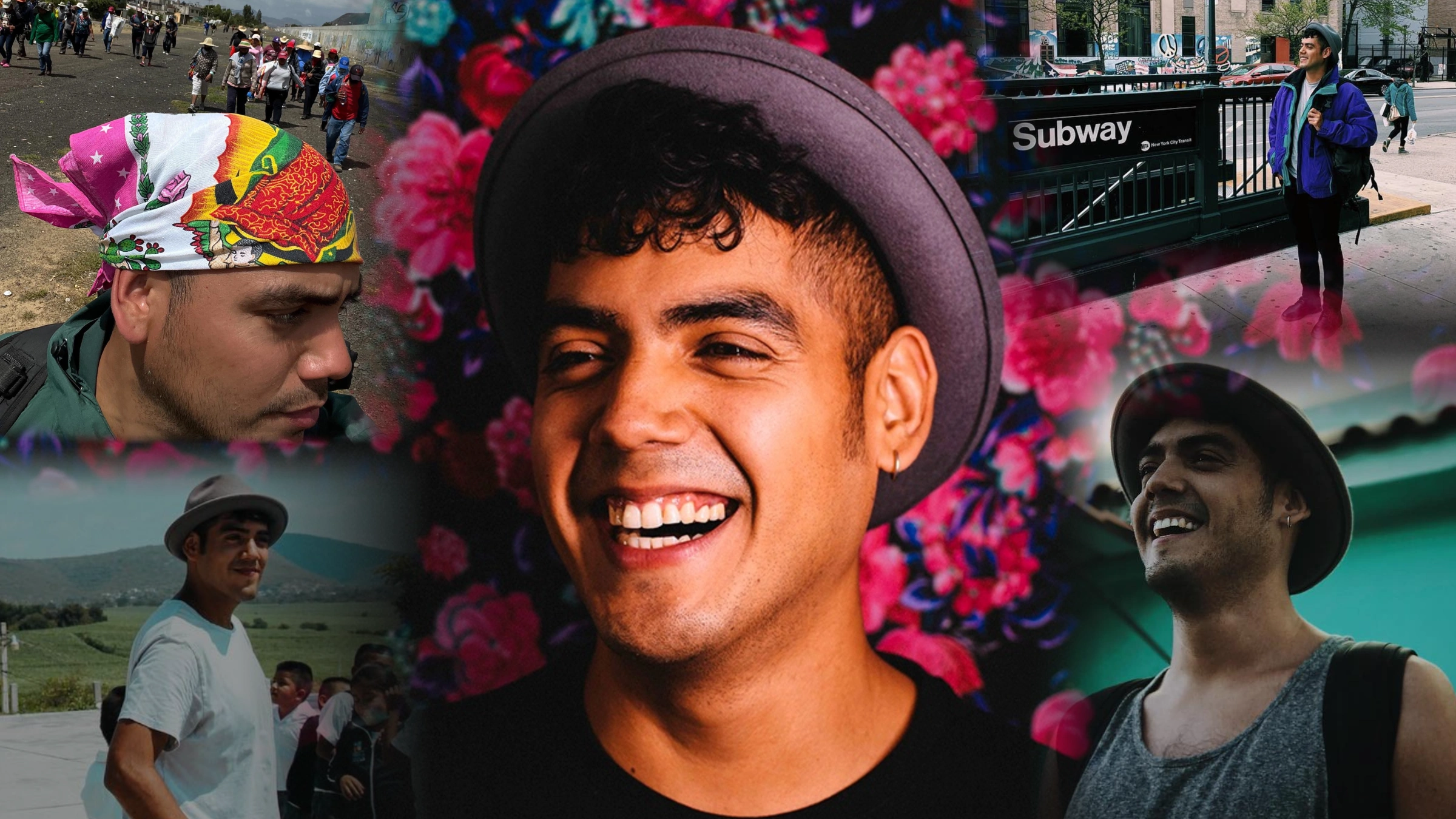 Photo illustration of Saul Flores: a smiling portrait against bright flowers, surrounded by images of him walking with Atencingo pilgrims, standing in a schoolyard in a white T-shirt, standing by a Brooklyn subway entrance, and looking upward outdoors.