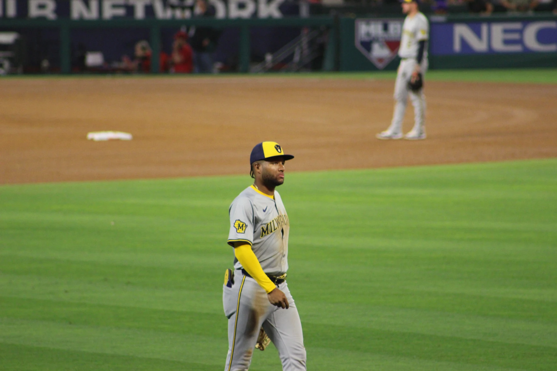 Jackson Chourio wearing Milwaukee's gray uniform on the field in Anaheim.