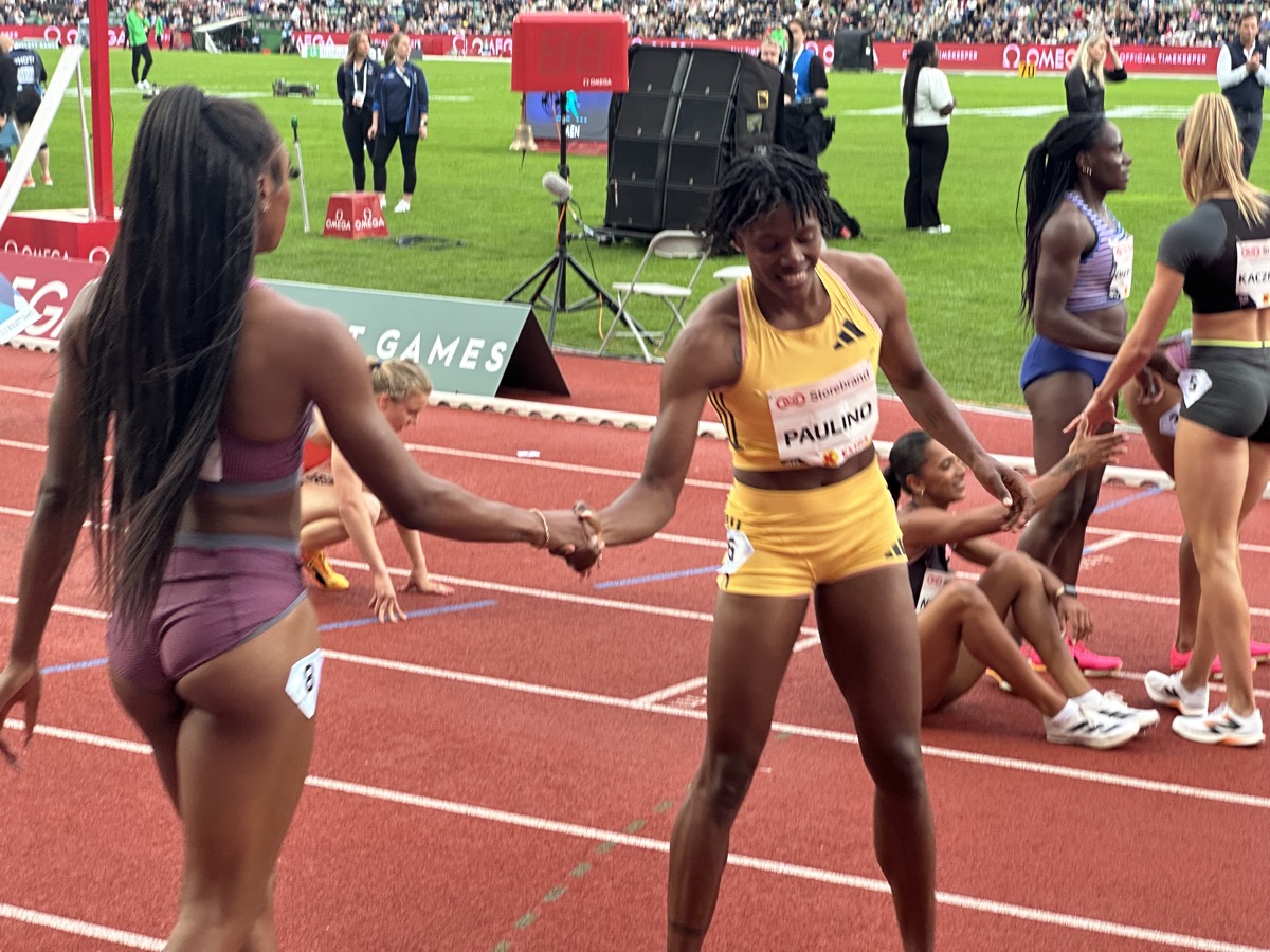 Marileidy Paulino greeting fellow athletes after a race at the Bislett Games.